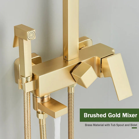 Brushed Gold Shower Set Wall Mounted Brass 4-Ways Bathroom Shower