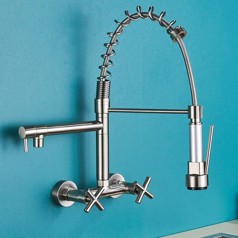 Wall Mounted Spring Kitchen Faucet Pull Down Hot And Cold Water