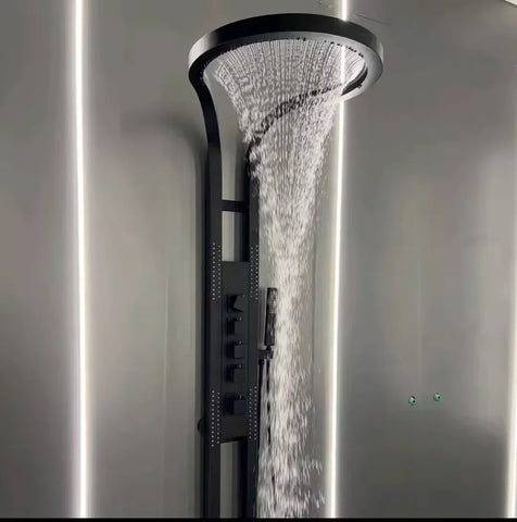 Shower Head Set System, Waterfall Rainfall,Luxury Multifunction Wall Mounted Panel ,Black Brass, Bathroom Hotel