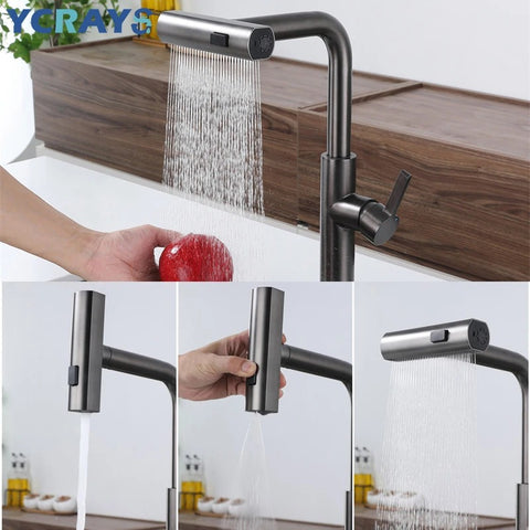 Kitchen Faucets Golden Black Gray Pull Out Rotation Waterfall Faucet