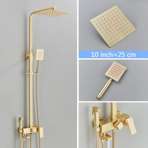 Brushed Gold Shower Set Wall Mounted Brass 4-Ways Bathroom Shower