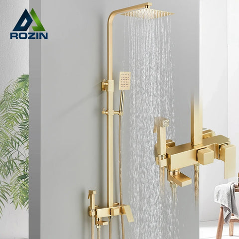 Brushed Gold Shower Set Wall Mounted Brass 4-Ways Bathroom Shower