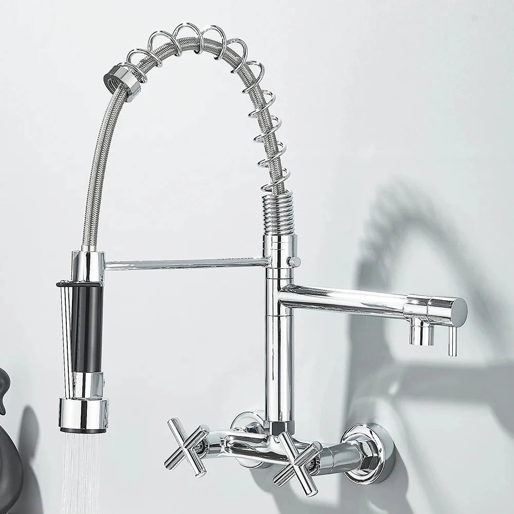 Wall Mounted Spring Kitchen Faucet Pull Down Hot And Cold Water